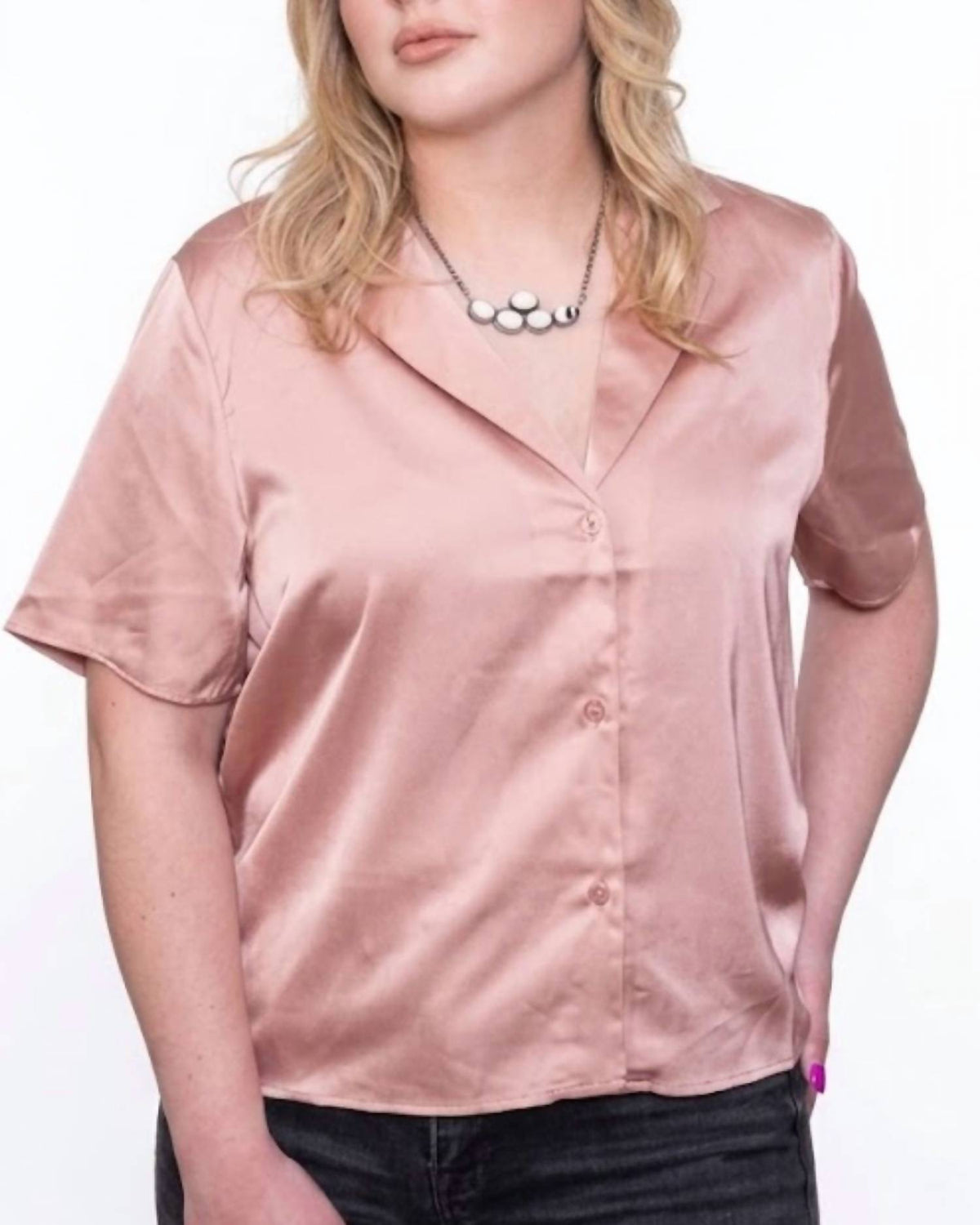 Ee:Some - Satin Button Up Short Sleeve Blouse