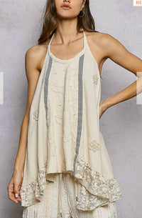 Pol - Halter Neck Double Gauze Lace Ruffle Sleeveless Top