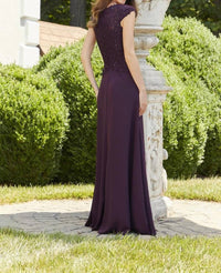 MGNY Floral Lace Evening Dress in plum - women's dress - detail view