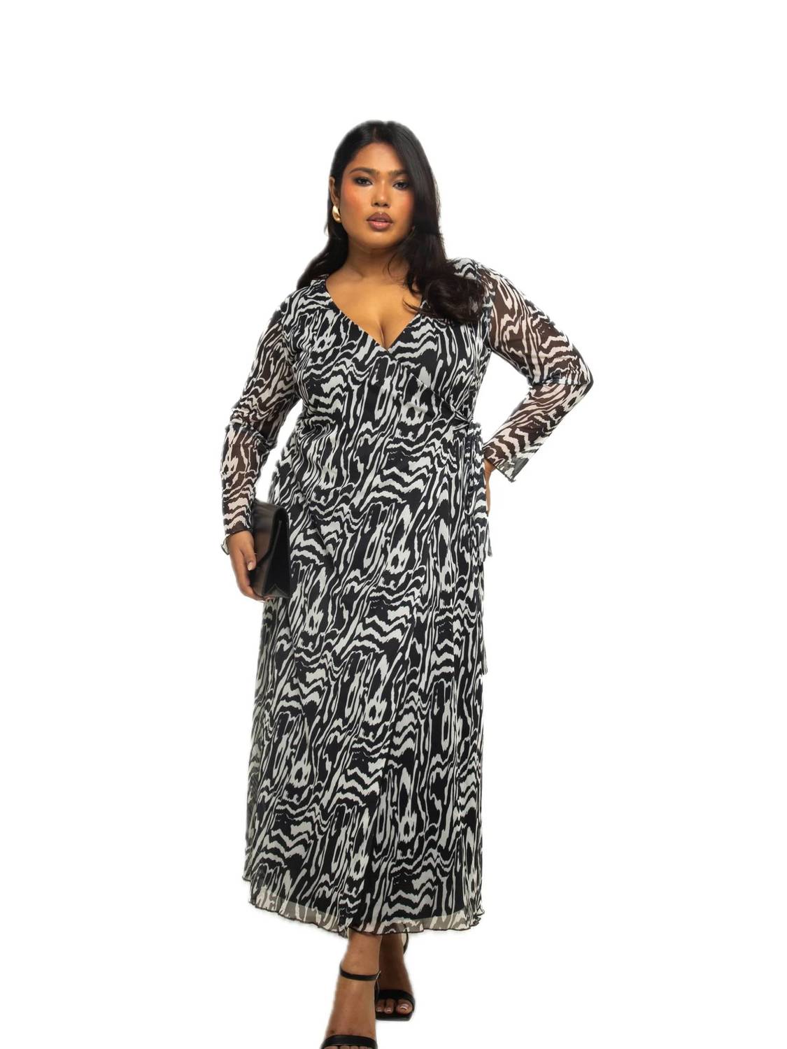 Fashion Szn Curve - Long Sleeve Monochrome Print Midi Dress