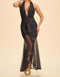 LUXXEL Mornings In Monaco Polka Dot Maxi Dress in monaco polka dot maxi dress in black white - women's dress - detail view