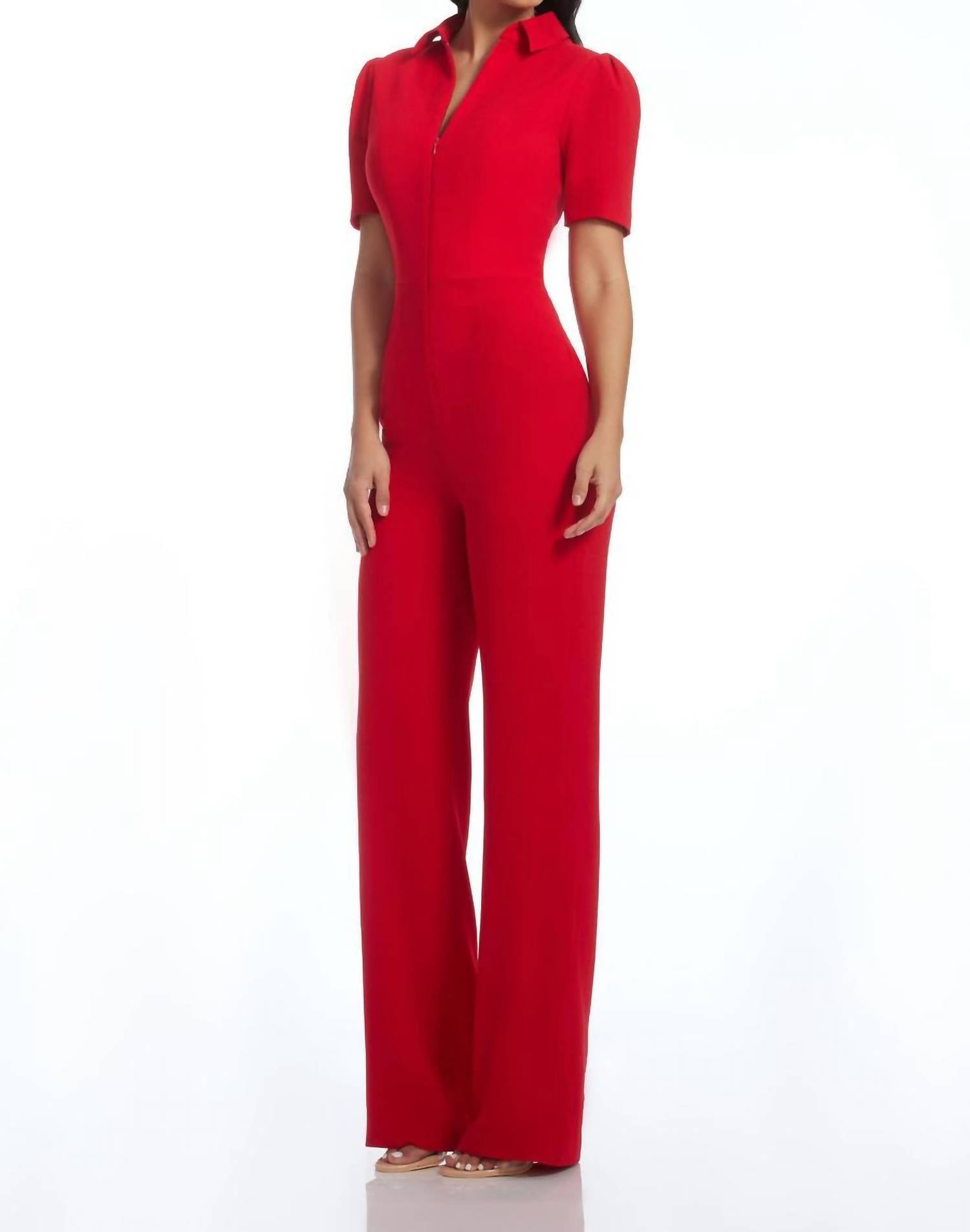 DRESS THE POPULATION Gloria Rouge Wide Leg Puff Sleeve Jumpsuit in red - women's pants - alternate view