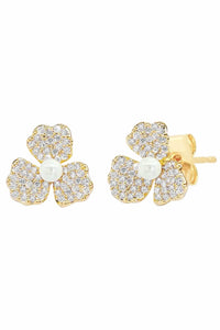 Tai Jewelry - Women's Triple Petal Pave And Pearl Studs