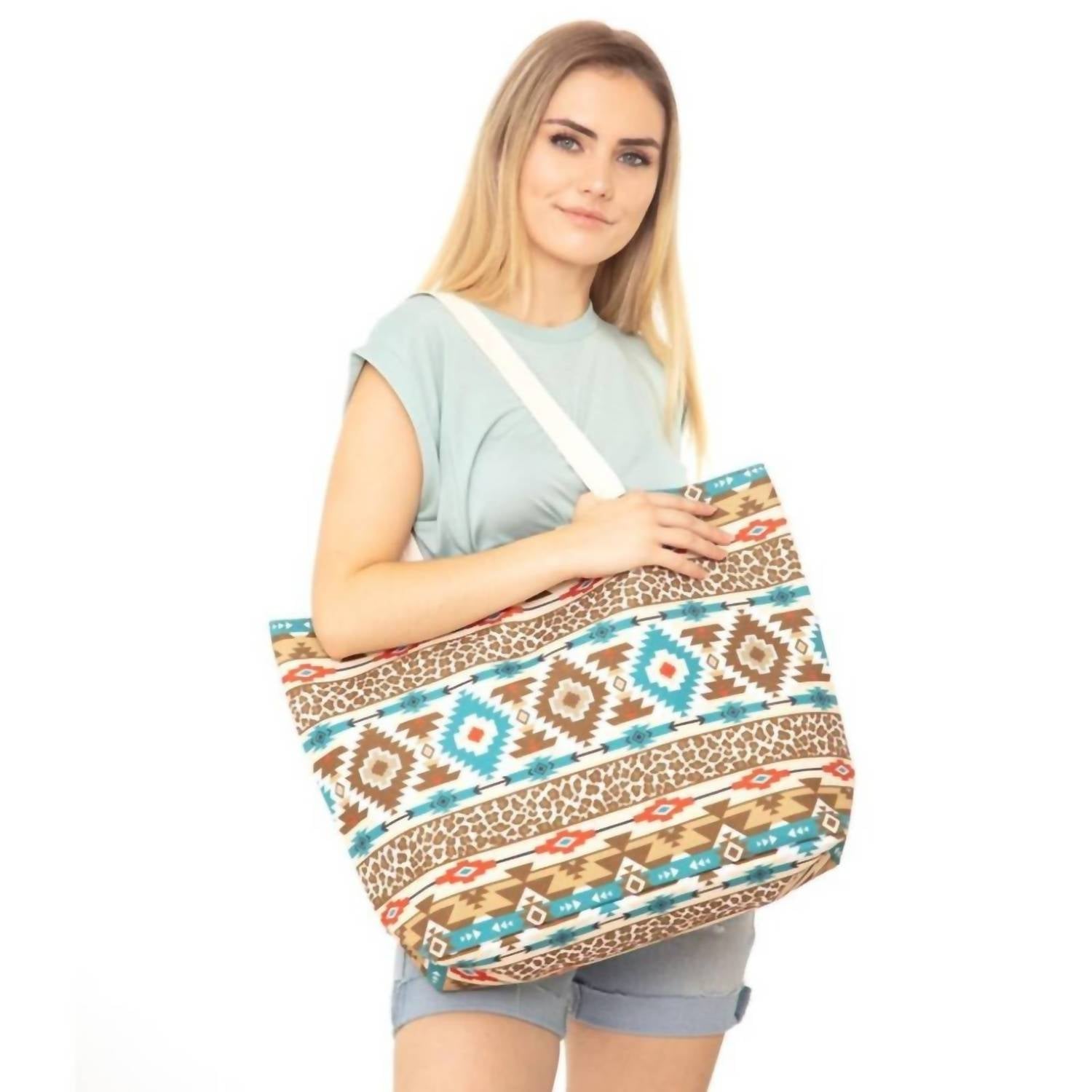Judson & Co. - Leopard and Aztec Print Canvas Tote Bag