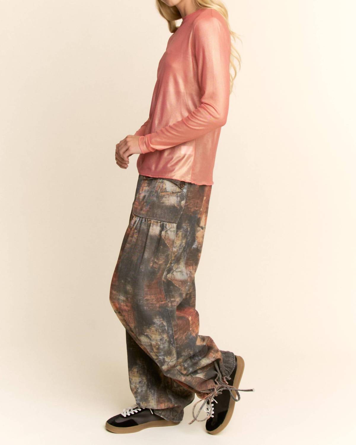 DAVI & DANI Metallic Mesh Long Sleeve Layering Top in coral shimmer - women's long sleeve top - detail view
