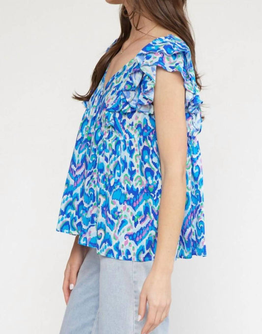 Entro - Printed V-Neck Ruffle Sleeves Top - Plus