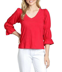 APNY Knit V-neck 3/4 Puff Sleeve Blouse in coral - women's blouse