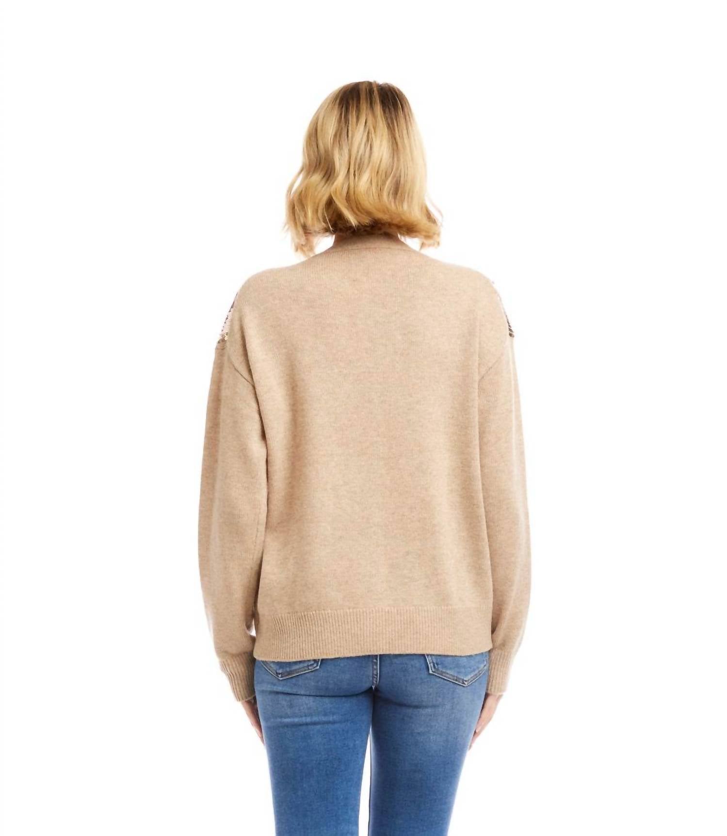 Karen Kane Sequin Cardigan Sweater in dark oatmeal - women's cardigan - alternate view