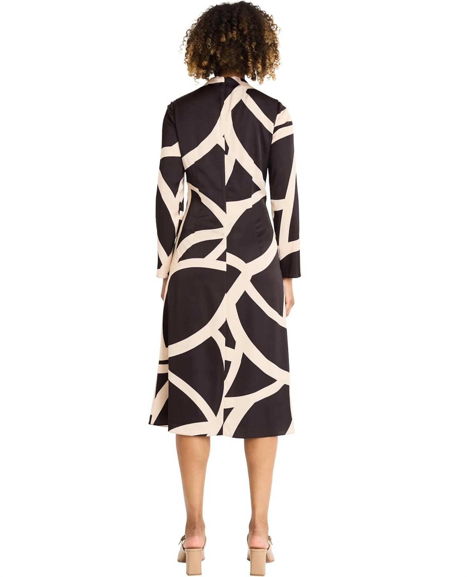 Maggy London Printed Asymmetric Ruched Dress in black tan - women's dress - detail view