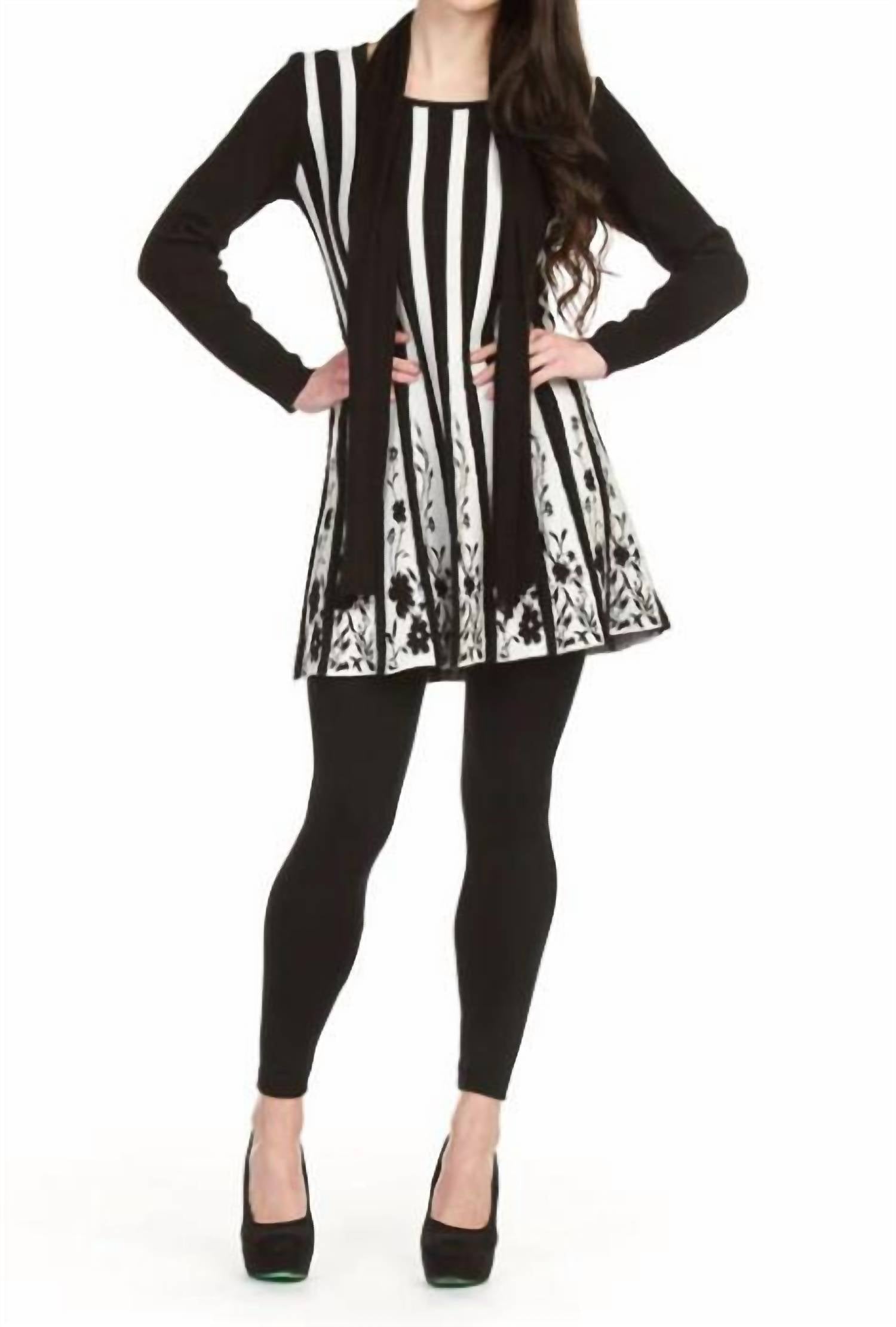 Papillon - Stripe Dress With Floral Border And Scarf