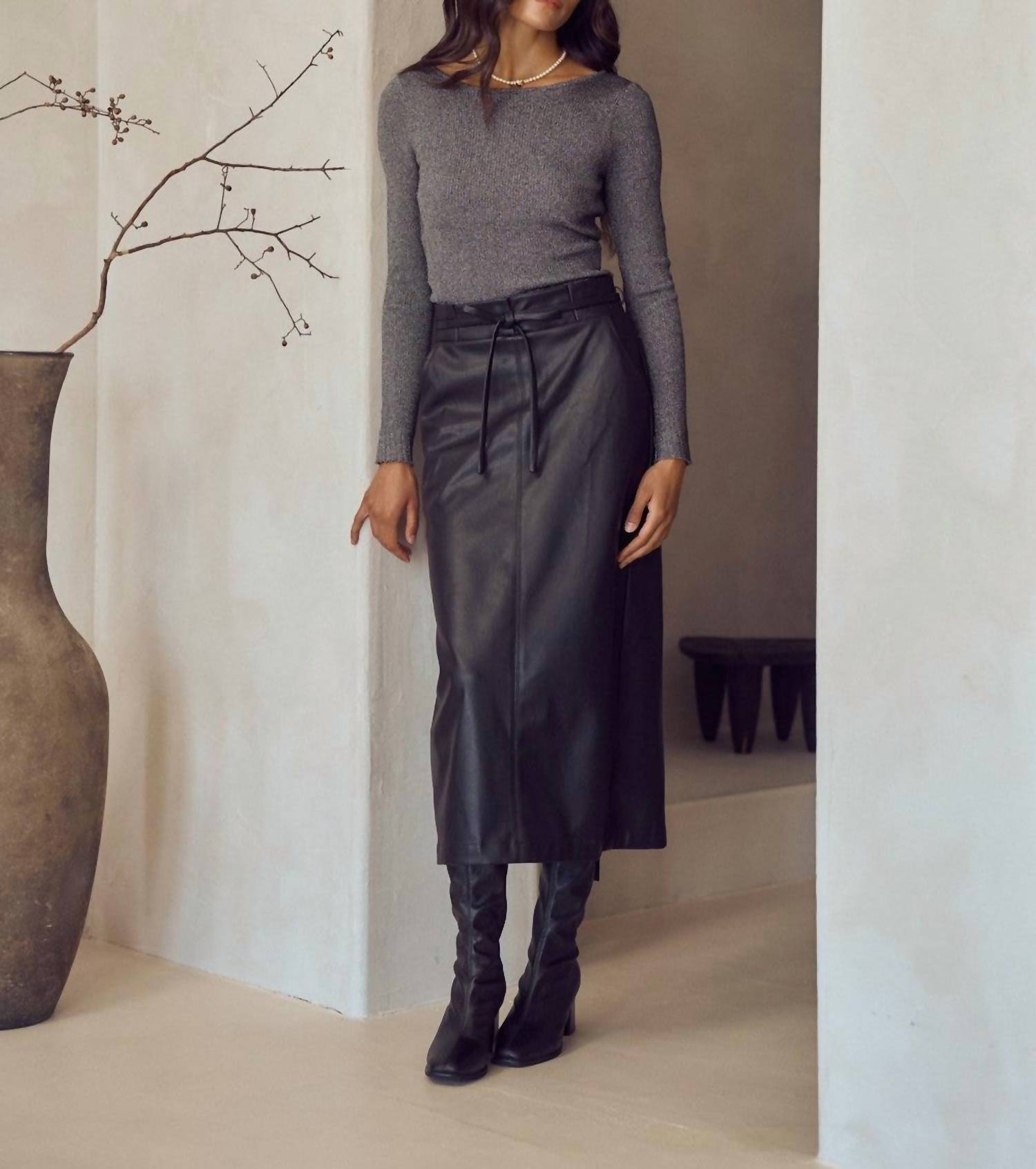 Lalavon - Great Escape Waist Tie Faux Leather Midi Skirt