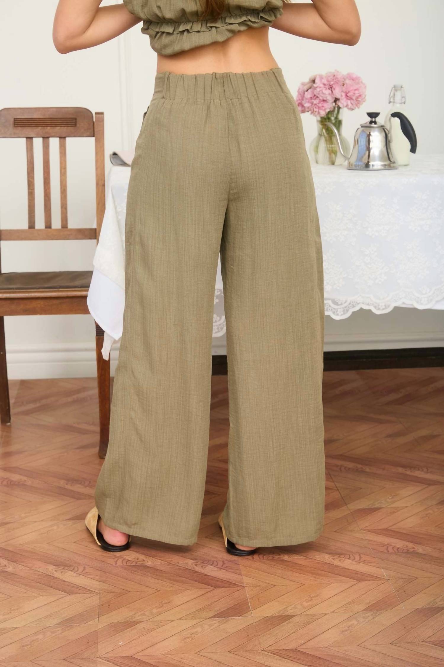 Blu Pepper High Elastic Waist Wide Leg Lounge Pants in olive - women's pants - detail view