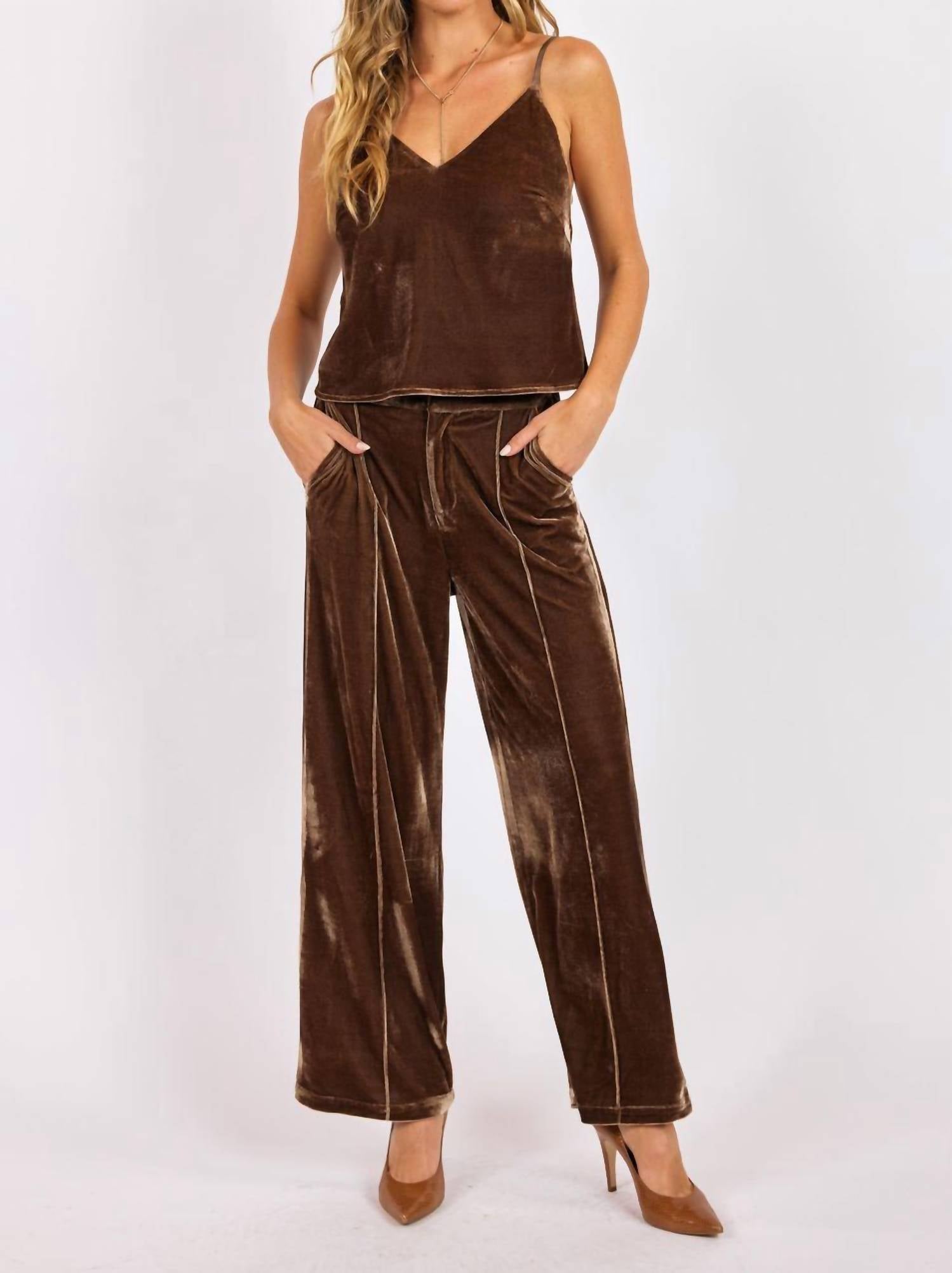 SAGE THE LABEL Twilight Spell Velvet Trouser in mocha - women's pants - alternate view