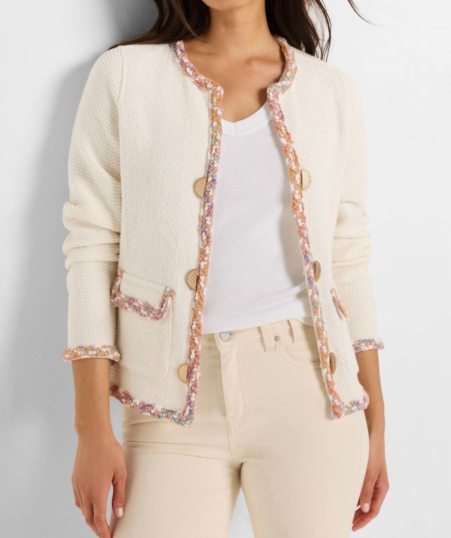 Nic + Zoe Mix Trim Knit Jacket in cream multi - women's jacket