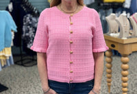 THML Short Sleeve Button Down Knitted Top in pink - women's blouse