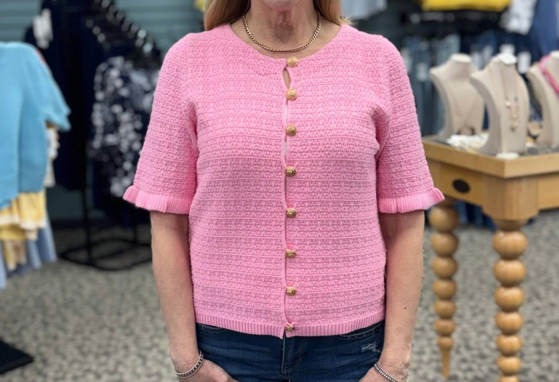 THML Short Sleeve Button Down Knitted Top in pink - women's blouse