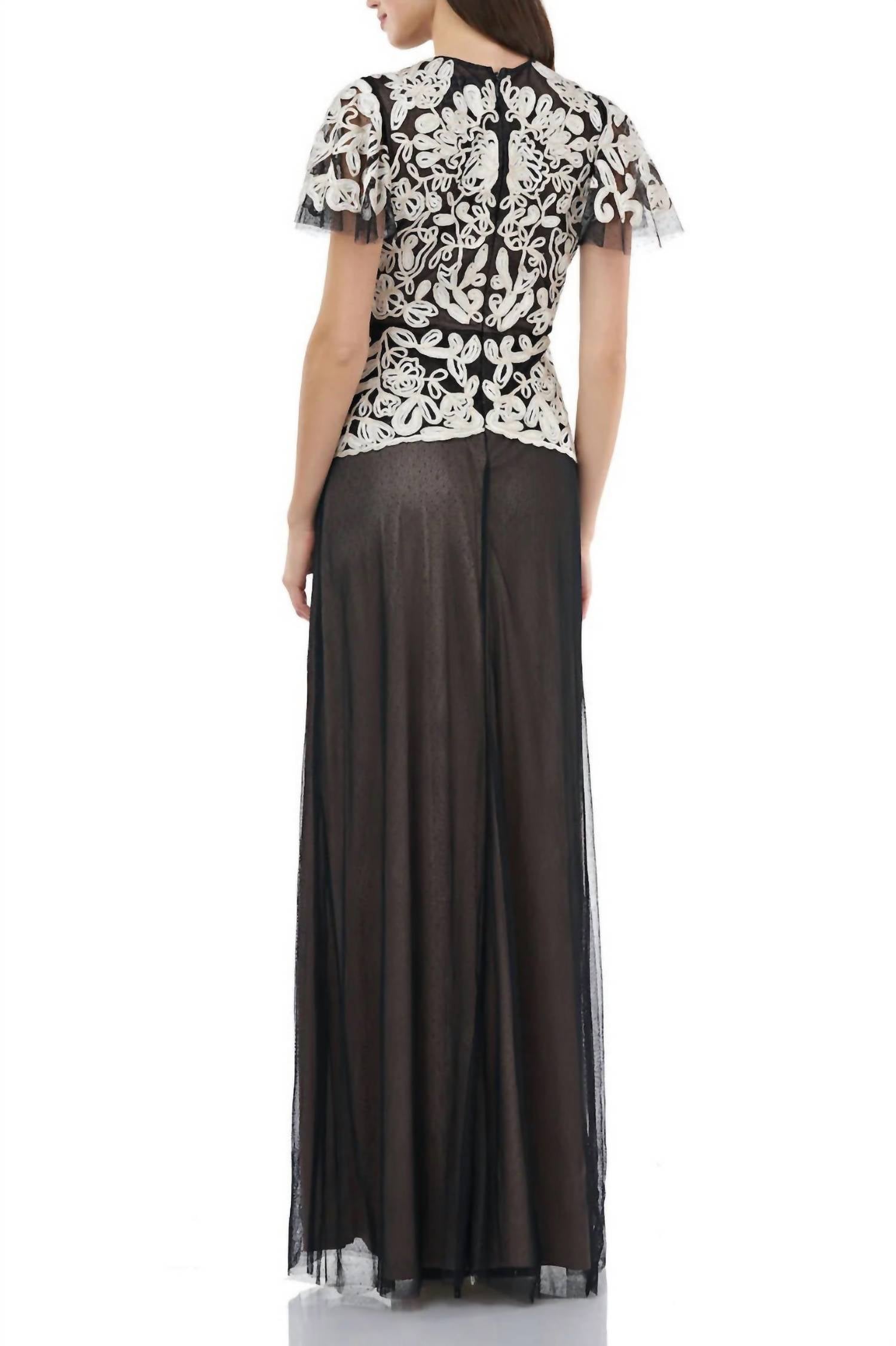 Js Collections - Women's Crew Neck Embroidered Mesh Dress