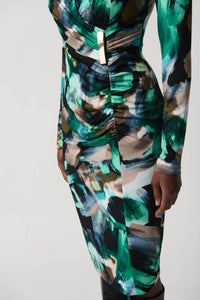 Joseph Ribkoff - Abstract Print Silky Knit Wrap Midi Dress With Ornament