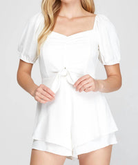 She + Sky - Short Puff Sleeve Layered Romper With Shirred Front