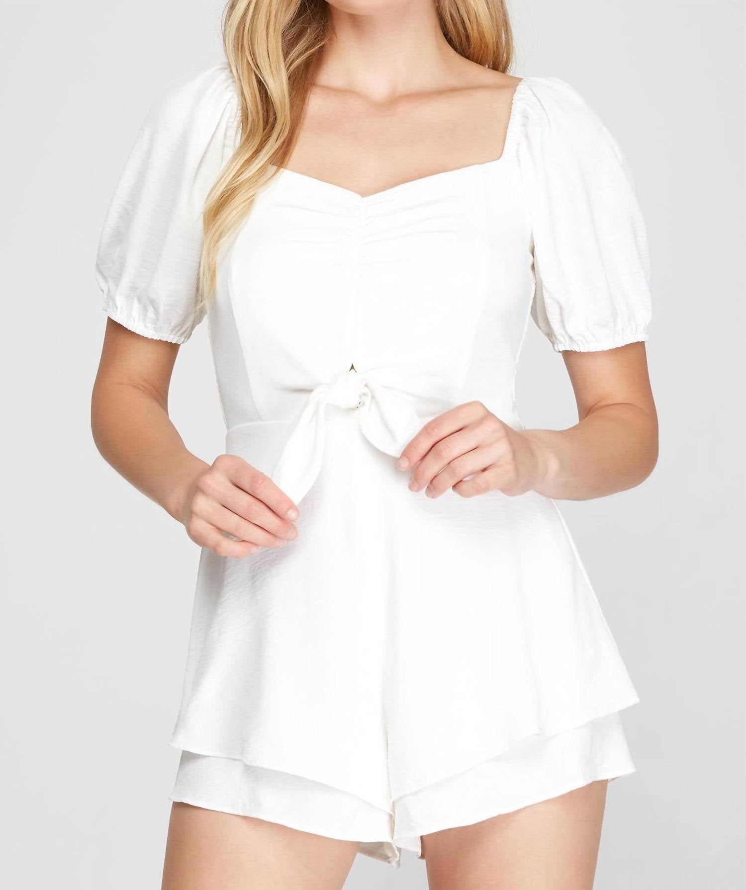 She + Sky - Short Puff Sleeve Layered Romper With Shirred Front