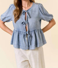 Doe And Rae - Denim Front Tie Babydoll Top