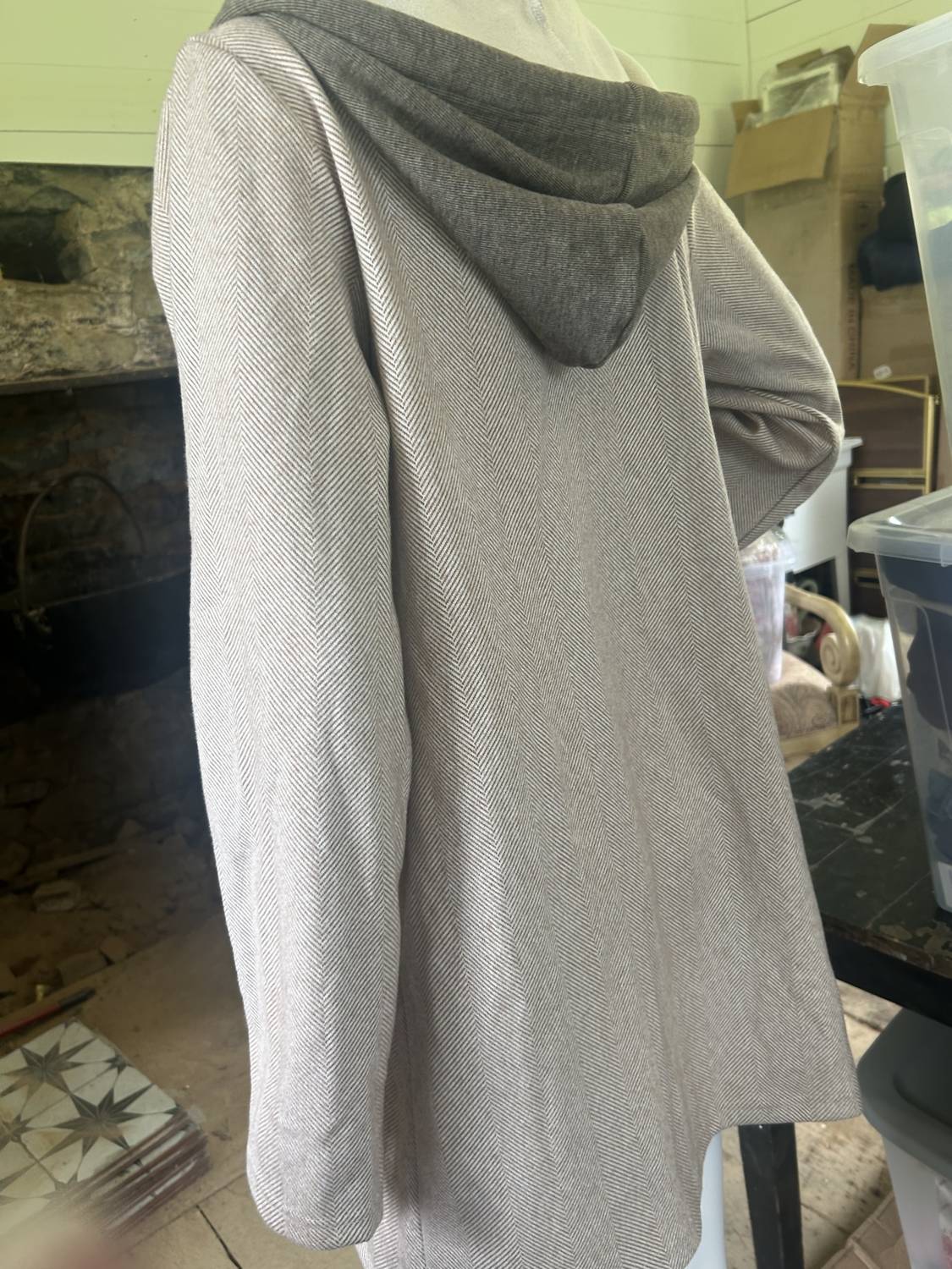 Hem & Thread - Women's Faux Hoodie Insert Herringbone Towfer Coat