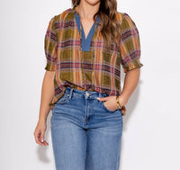 THML Color Pop Plaid Puff Sleeve Top in olive - women's blouse - view 4