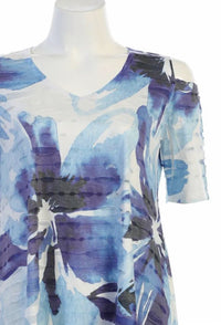 Jess & Jane Women's Tahoe Double Knit Cold Shoulder Top in blue violet abstract floral - women's blouse - detail view