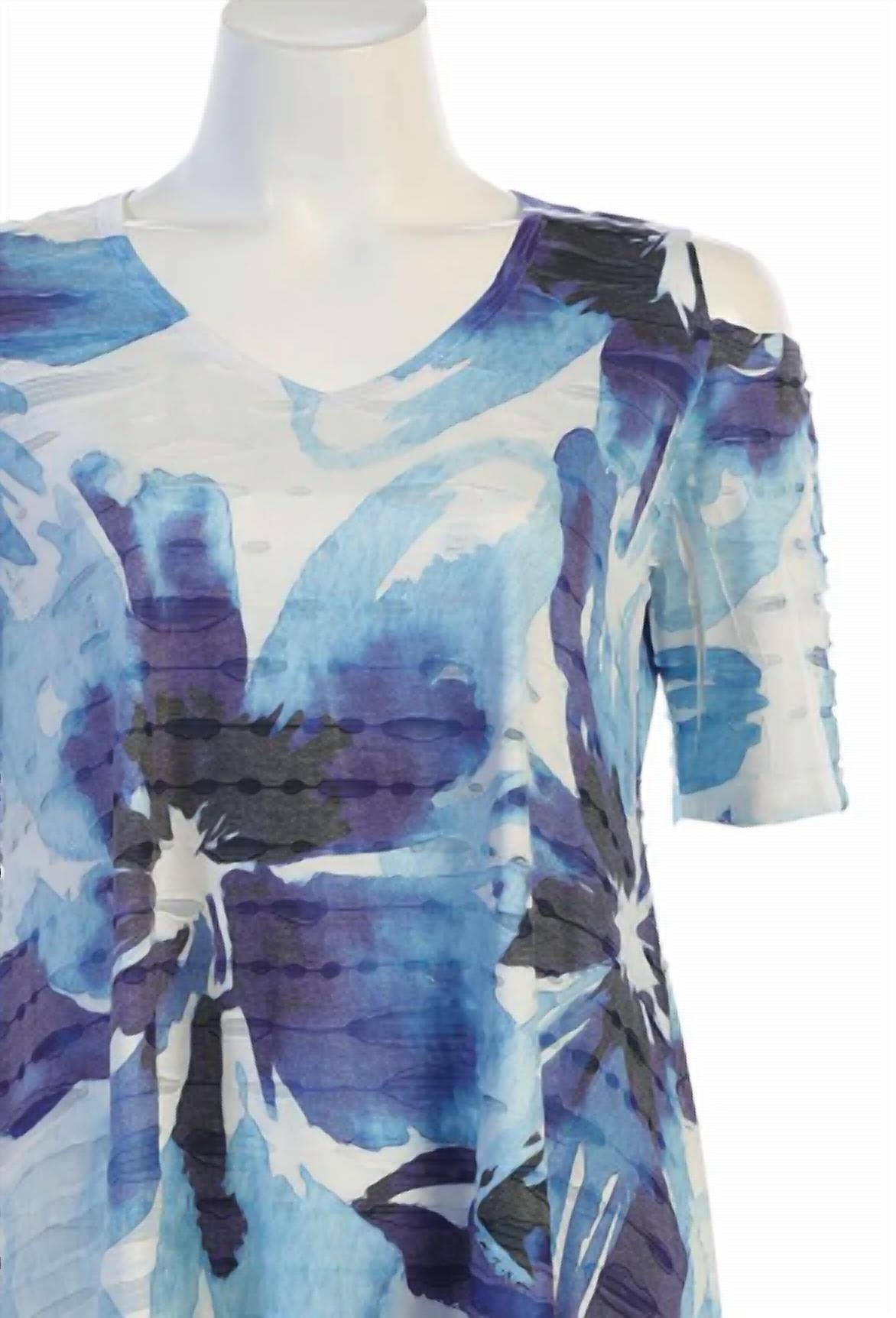Jess & Jane Women's Tahoe Double Knit Cold Shoulder Top in blue violet abstract floral - women's blouse - detail view