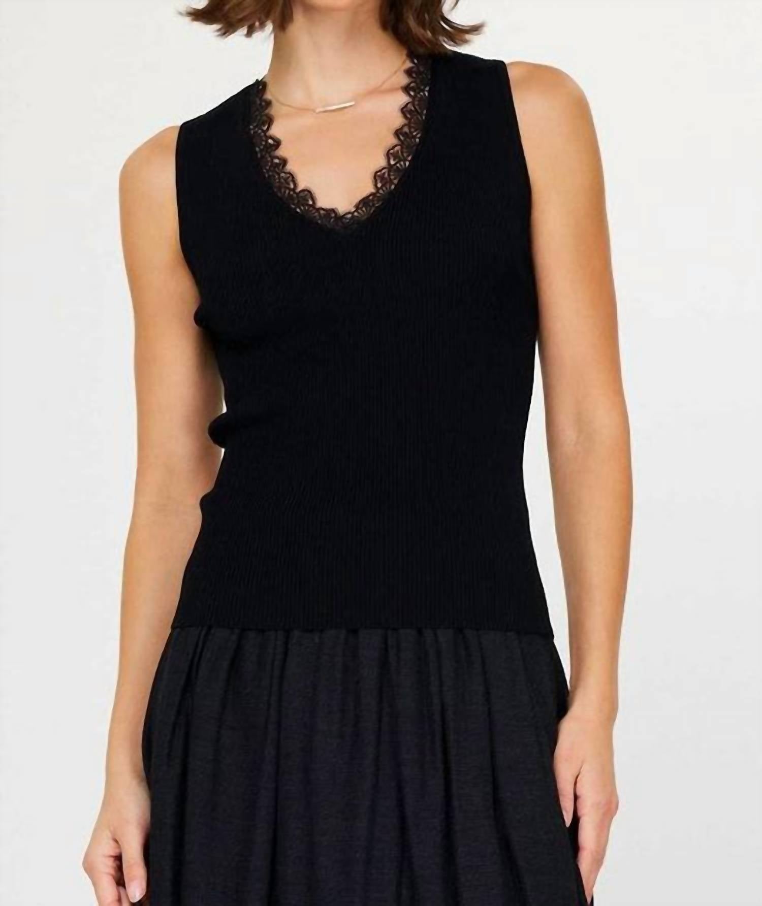current air Lace Neck Sleeveless Sweater Tank Top in black - women's tank top