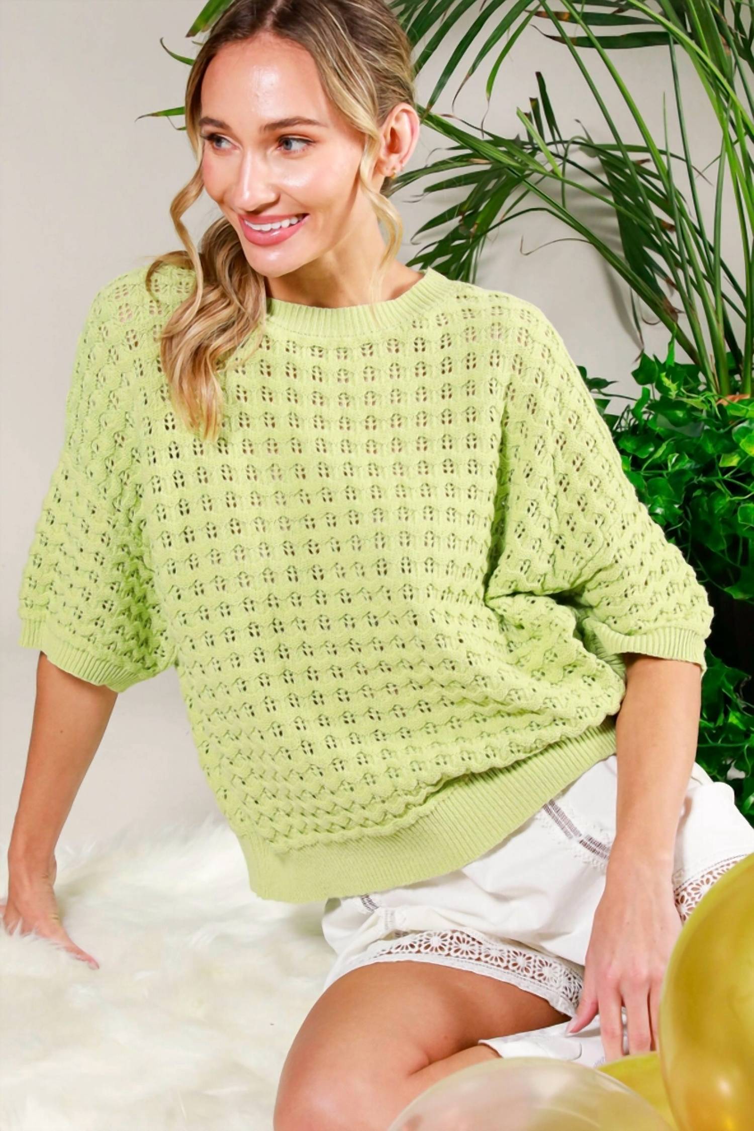 Vine & Love - Crew Neck Crochet Textured Knitted Sweater Top