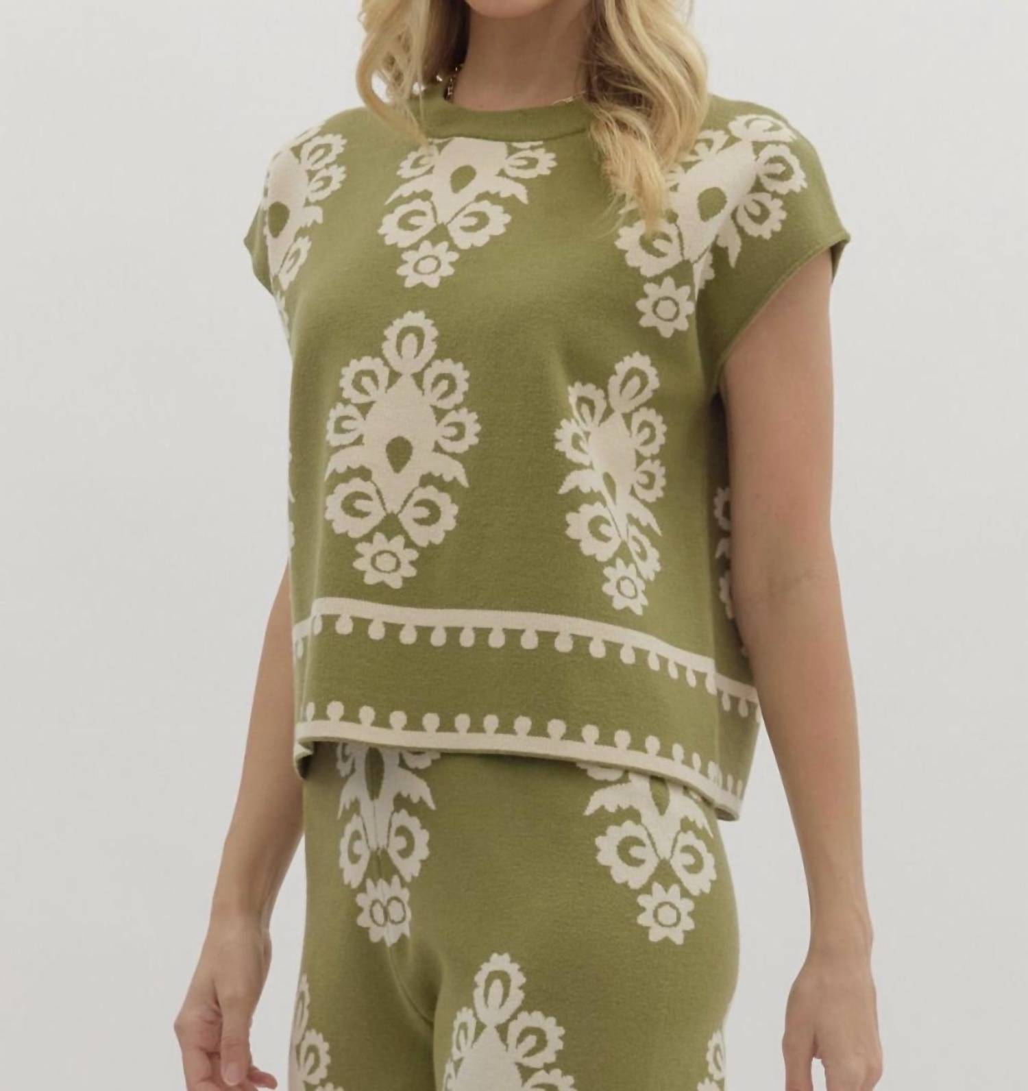 entro kint sweater top in olive - women's sweater - detail view