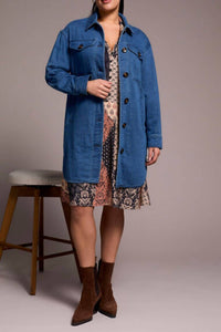 TRIBAL Long Button Down Quilted Jacket in bluebliss - women's jacket