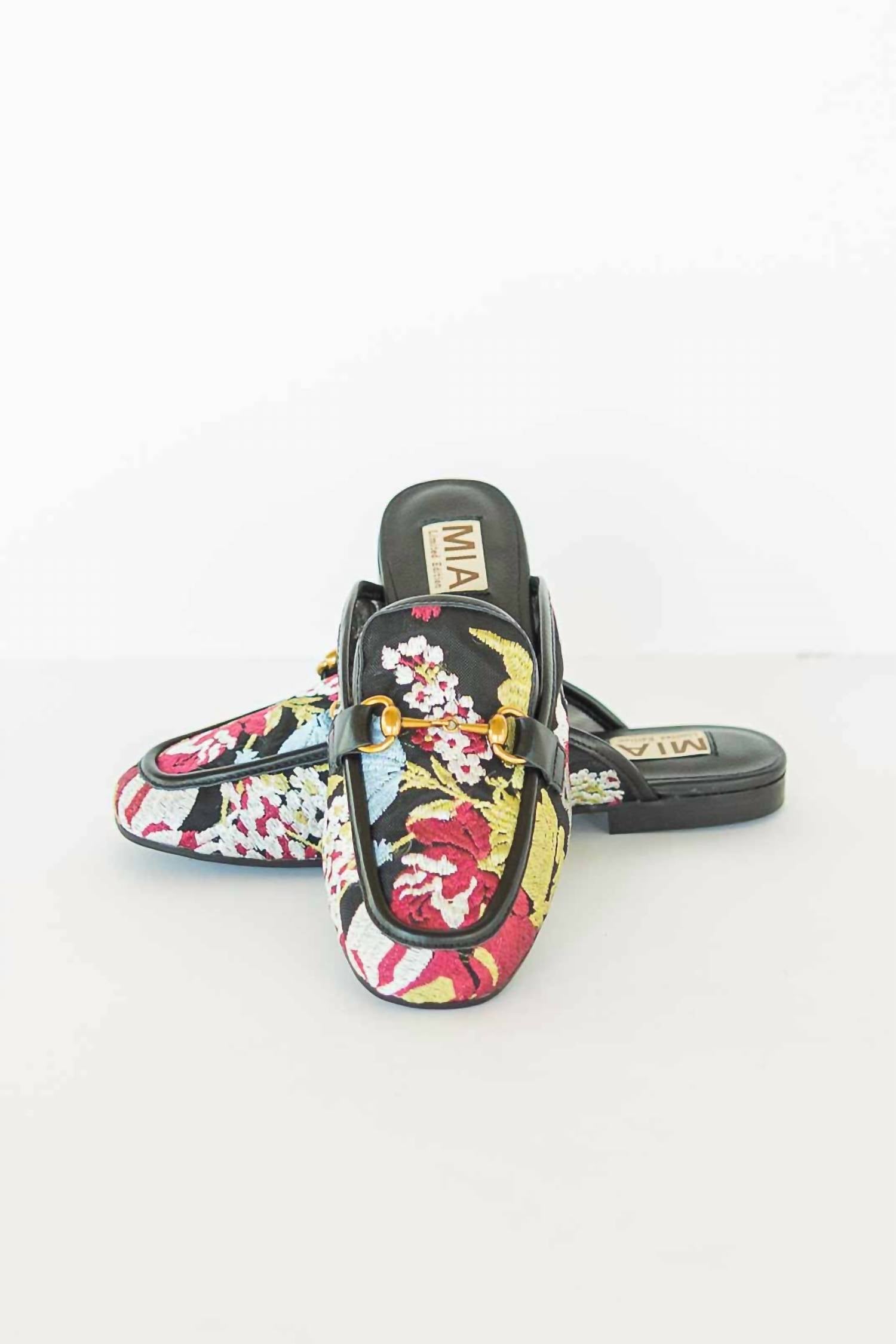 Mia Shoes Women's Bouquet Embroidered Slip On Mules in black - women's shoe - detail view