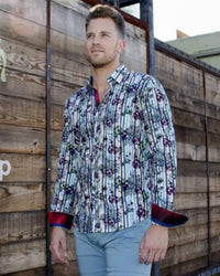 Eight X - Flowers And Stripes Button Down Shirt With Trim