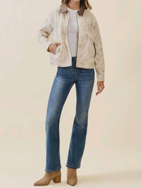 Tcec - Floral Print Corduroy Detail Jacket