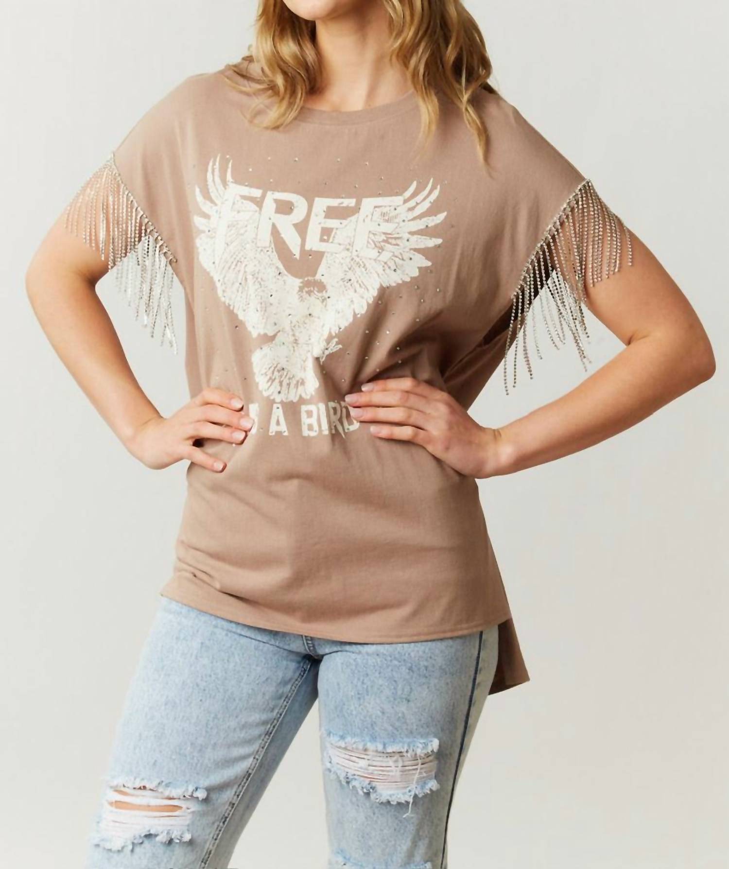 Fantastic Fawn - Free As A Bird Rhinestone Fringe Tee