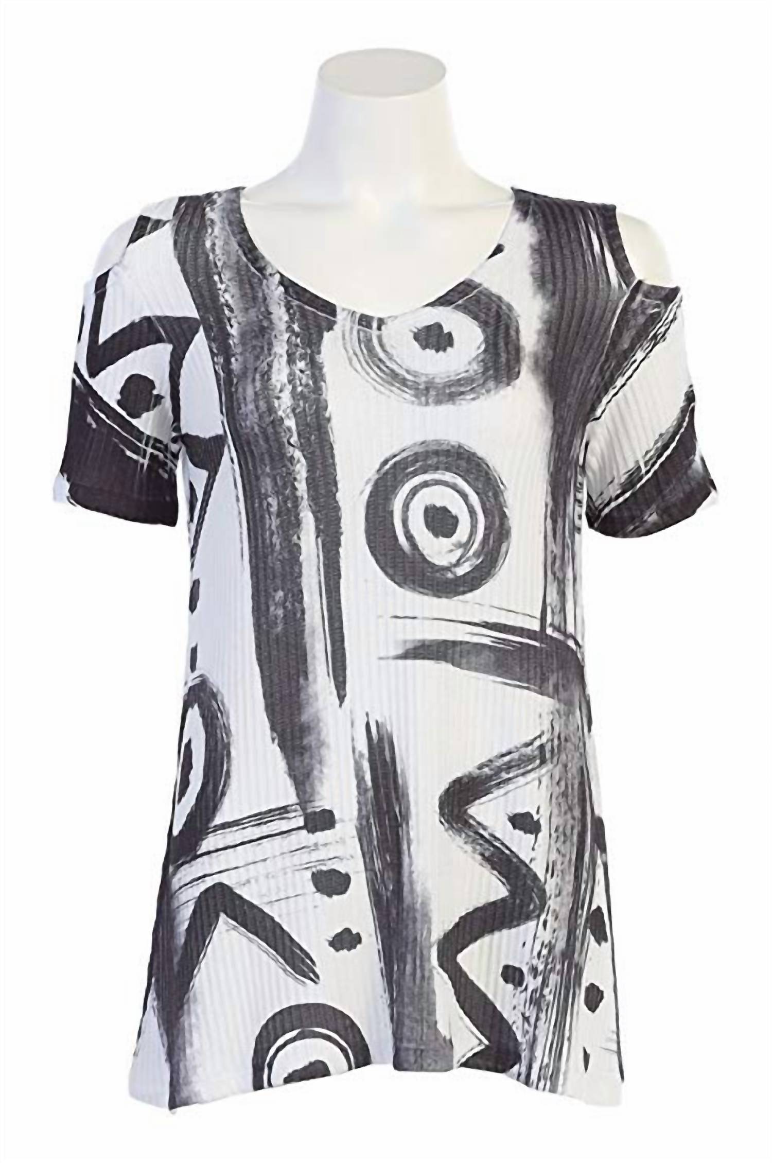 Jess & Jane Women's Puzzle Ribbed Open Shoulder Top in black white abstract - women's blouse