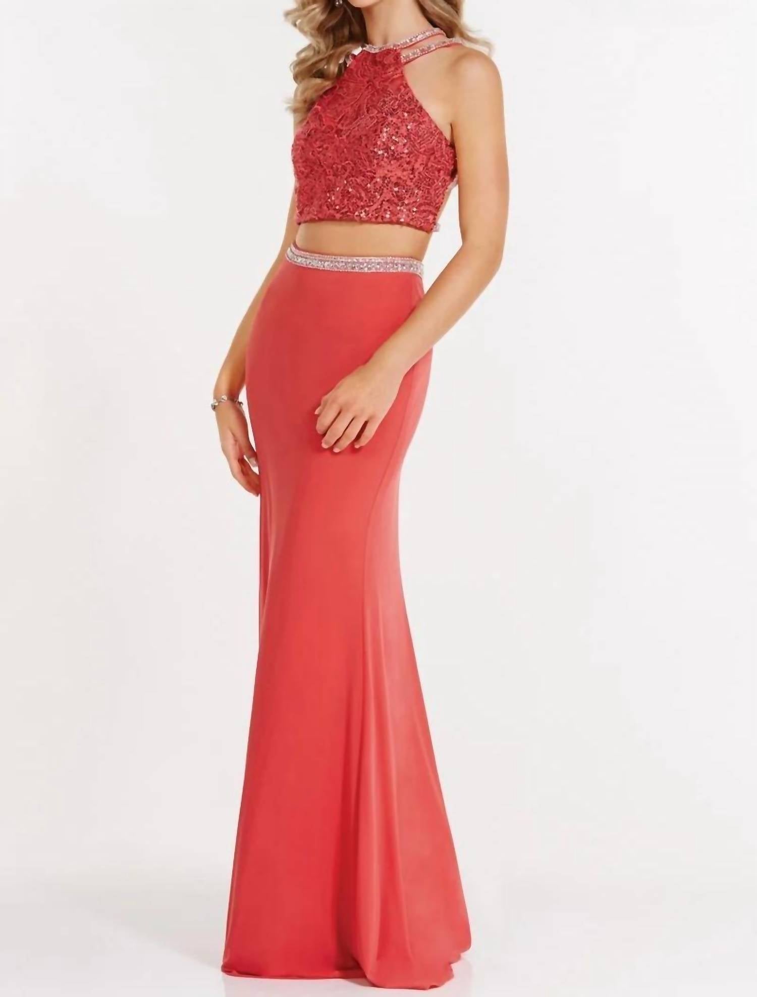 ALYCE PARIS Two Piece Halter Sequin Prom Dress in watermelon - women's dress