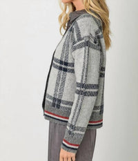 mystree The Londan Lane Plaid Cardigan in grey mix - women's cardigan - detail view