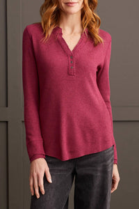 TRIBAL Soft Washed Thermal Henley Top in port wine - women's long sleeve top