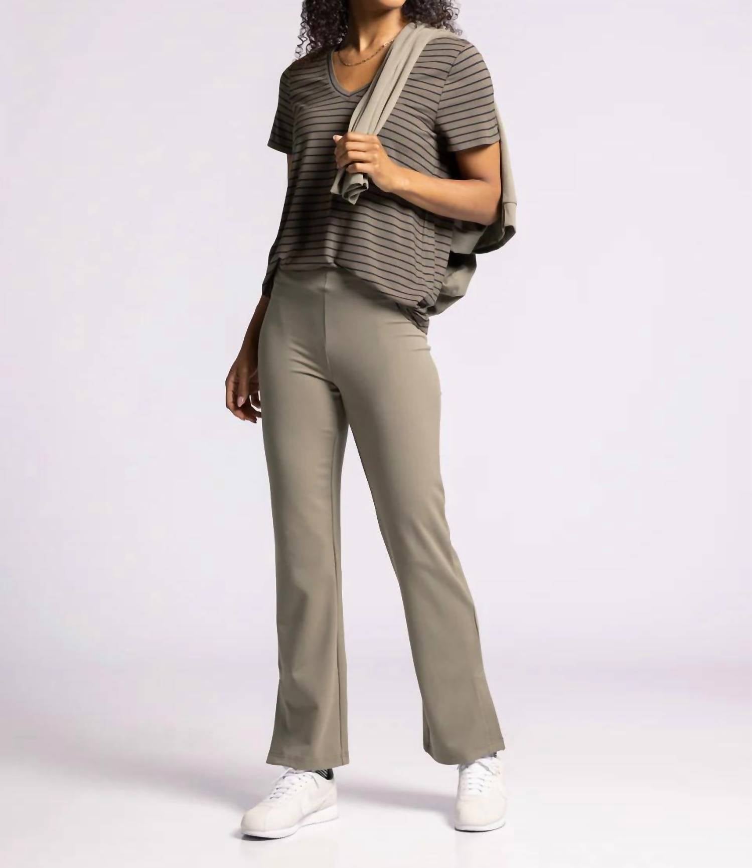 Thread & Supply Izzy Elastic Waistband Pants in vetiver rib hoc autumn - women's pants - detail view