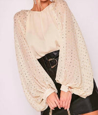 Vine & Love Sequin Long Balloon Sleeve Crinkle Chiffon Blouse in taupe - women's blouse