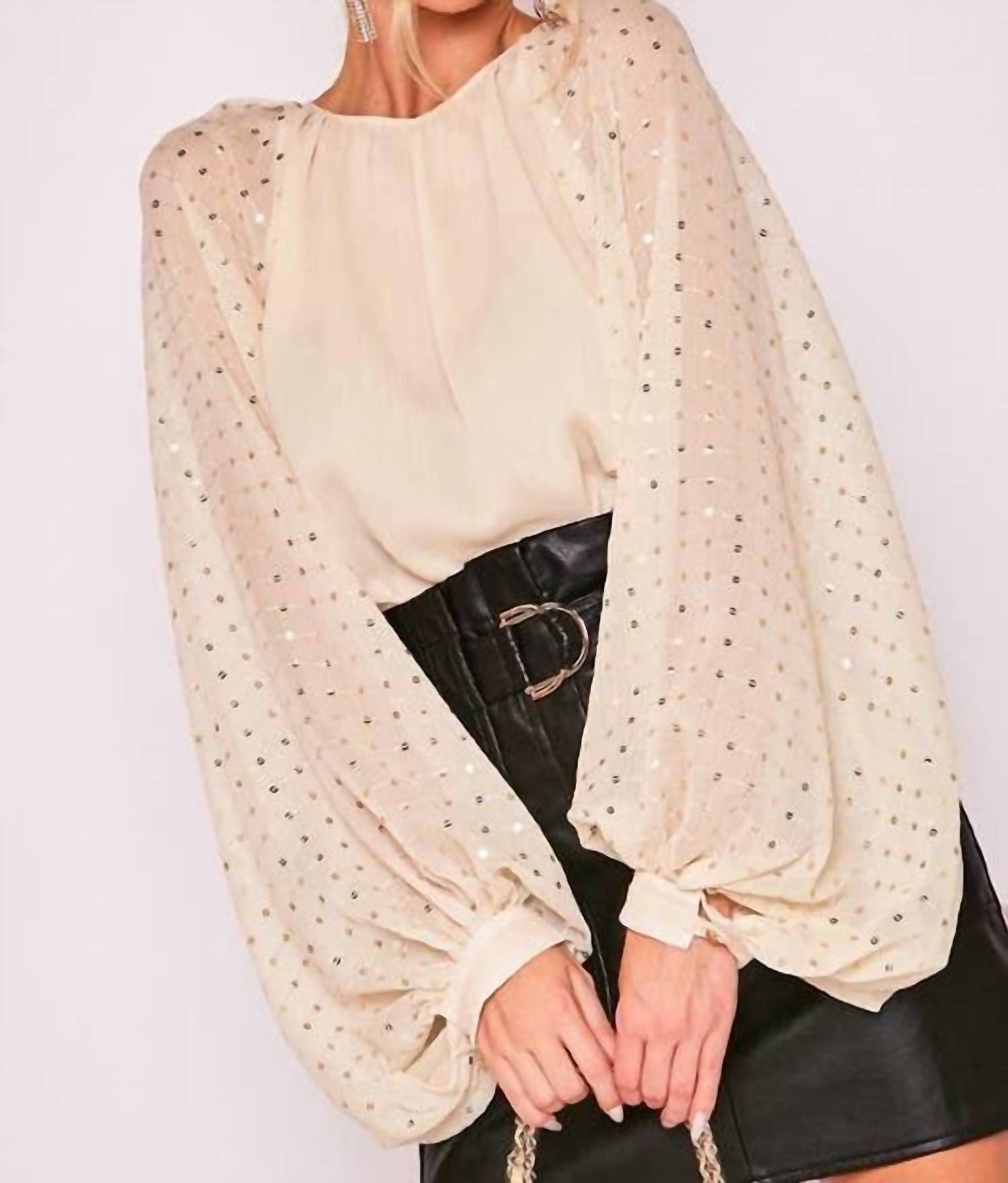 Vine & Love Sequin Long Balloon Sleeve Crinkle Chiffon Blouse in taupe - women's blouse
