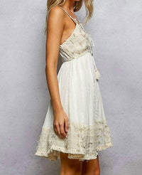 Pol - Tiered Tassel Trim Wooden Bead Smocked Dress