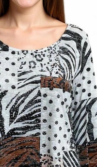 Lady Liberty Fashion Polka Dot Print 3/4 Sleeve Tee Top in animal - women's long sleeve top - detail view