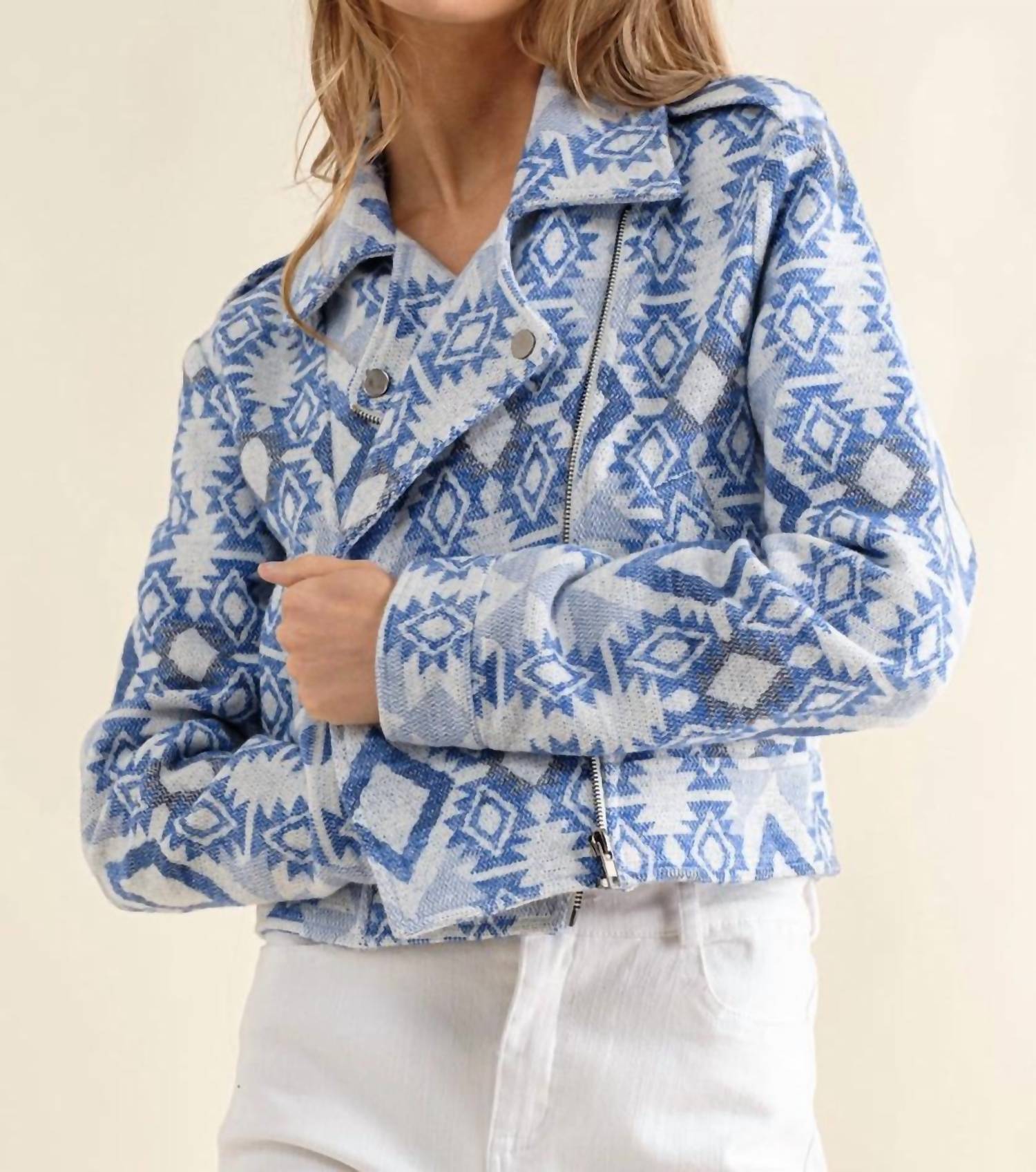 Blue B - Jacquard Aztec Crop Moto Jacket