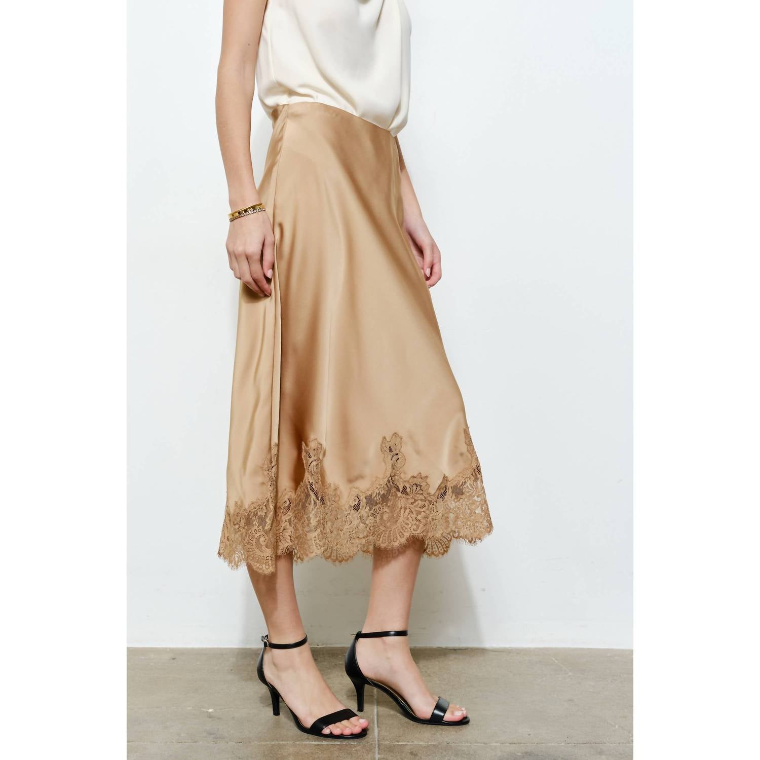 INA Fashion Classic Silky With Lace Hem Midi Skirt in gold - women's skirt - alternate view