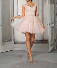 MORILEE Off The Shoulder Cap Sleeves Dress in blush - women's dress - detail view