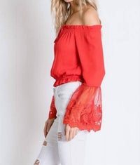 Davi & Dani - Off Shoulder With Sheer Lace Detailed Bell Sleeves Top